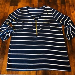 Navy/ White Striped 3/4 Sleeve Zip Top